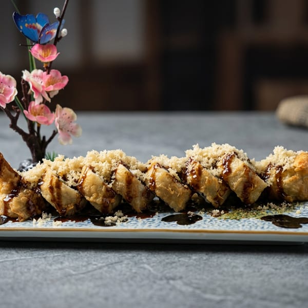 Crispy skewered dumplings drizzled with dark sauce and sprinkled with crumbs on a rectangular plate beside pink blossoms.