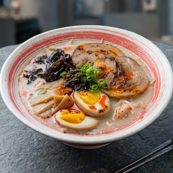 Bowl of ramen topped with sliced pork, soft-boiled eggs, mushrooms, bamboo shoots, green onions, and chili oil.