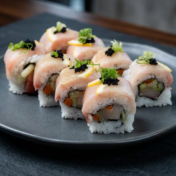 Plate of salmon-topped sushi rolls garnished with black roe, microgreens, and lemon zest on a dark ceramic plate.