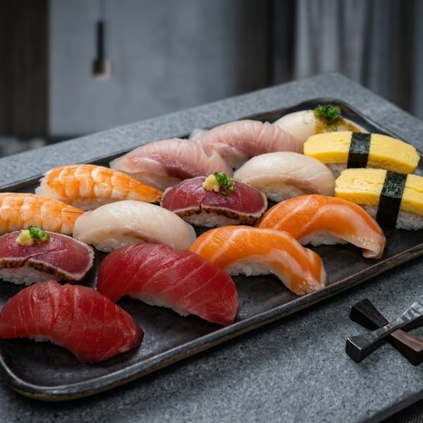 Assorted sushi nigiri, including tuna, salmon, shrimp, white fish, and tamago, arranged on a black rectangular platter.