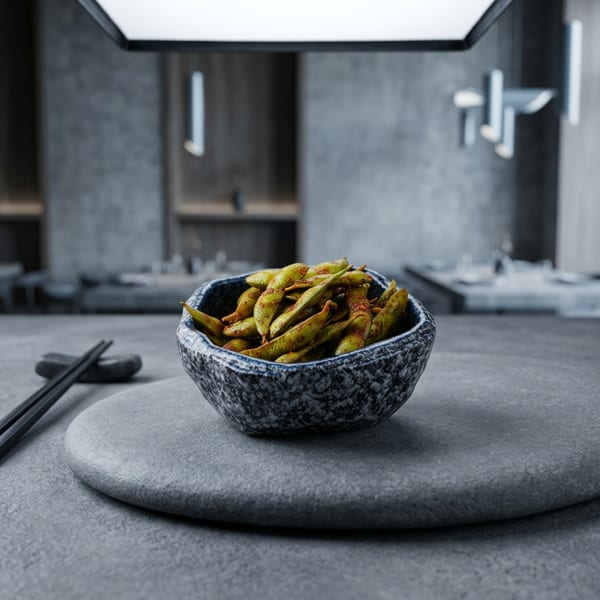 Seasoned edamame pods fill a textured bowl on a stone serving board in a modern restaurant.