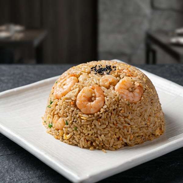 Dome-shaped shrimp fried rice garnished with black sesame seeds on a white square plate in a dimly lit restaurant.