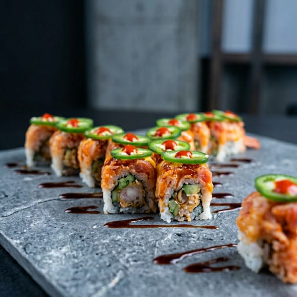 Sushi rolls topped with sliced jalapeños and red peppers arranged on a slate platter drizzled with dark sauce.