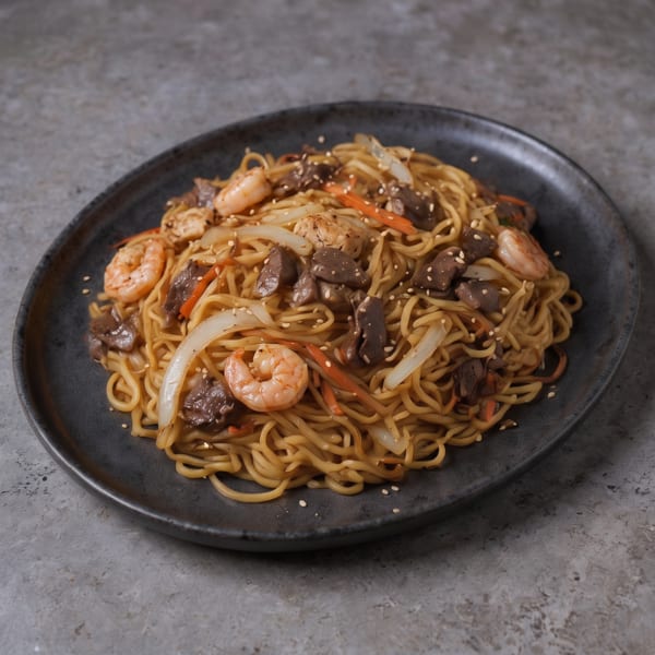 Stir-fried noodles with shrimp, mushrooms, onions, carrots, and sesame seeds served on a black plate.