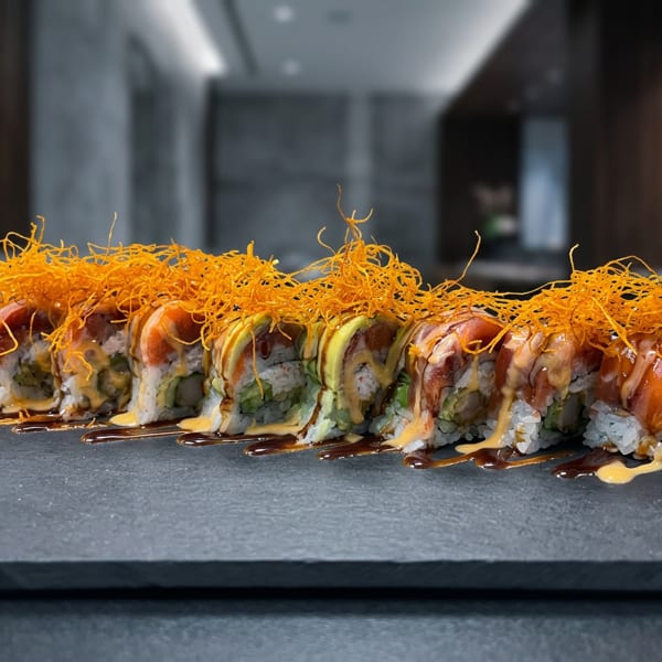 Sushi roll topped with salmon, creamy sauces, dark glaze, and crispy golden shredded garnish on a slate plate.
