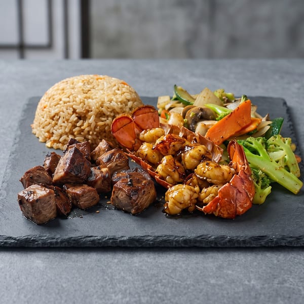Grilled steak cubes, lobster and shrimp with fried rice and mixed vegetables arranged on a black slate platter.