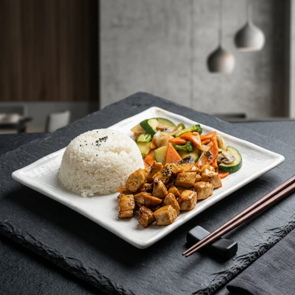Square plate with steamed rice, glazed tofu, and colorful stir-fried vegetables beside chopsticks on a slate tabletop.