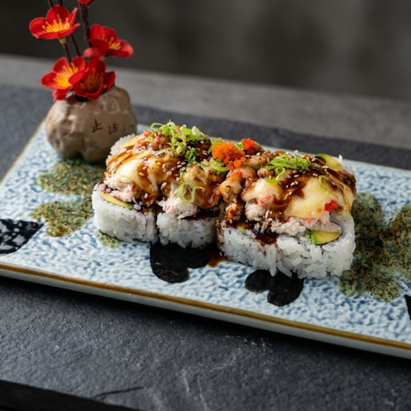 Sushi rolls topped with grilled seafood, sesame seeds, roe, and scallions on a decorative plate beside red flowers.