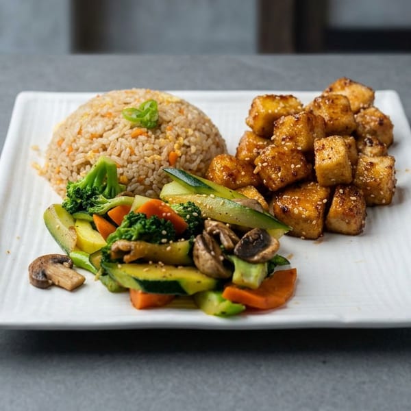 Plate of fried rice, sesame-glazed tofu cubes, and mixed sautéed vegetables including broccoli, zucchini, carrots, and mushrooms.