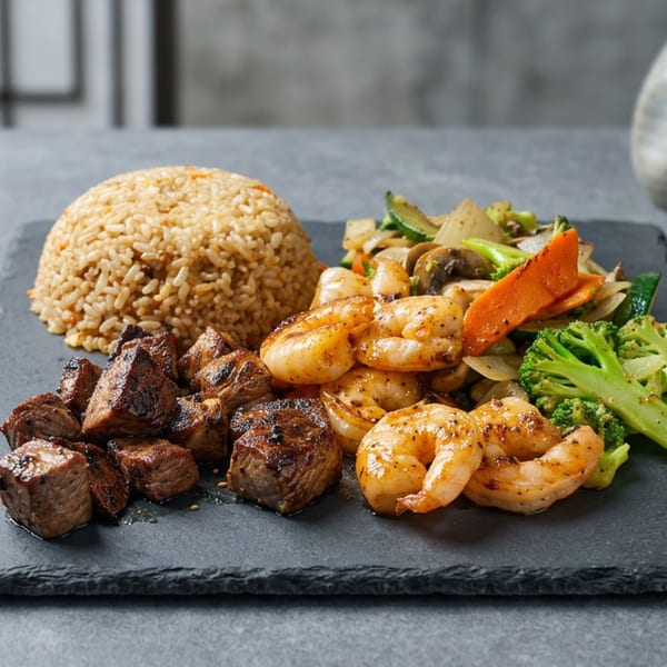 Grilled shrimp, steak, fried rice, and mixed vegetables on a dark rectangular plate.