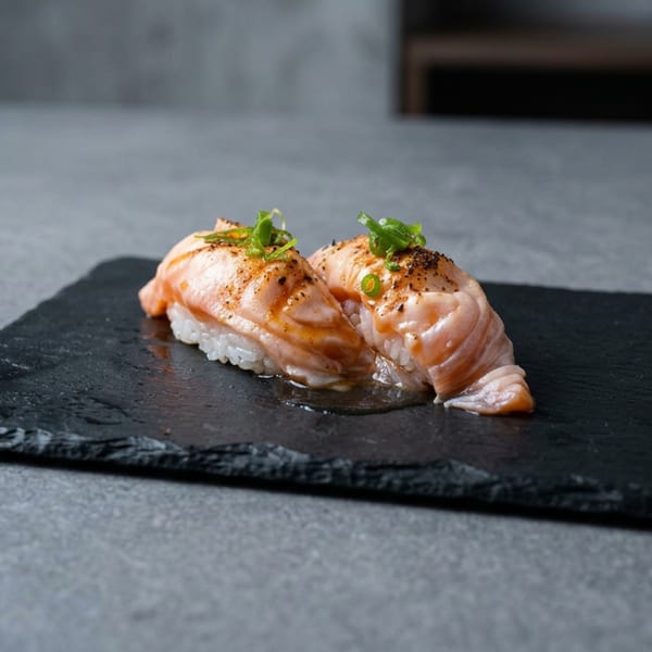 Two pieces of seared salmon nigiri sushi, topped with green onions, on a black slate plate.