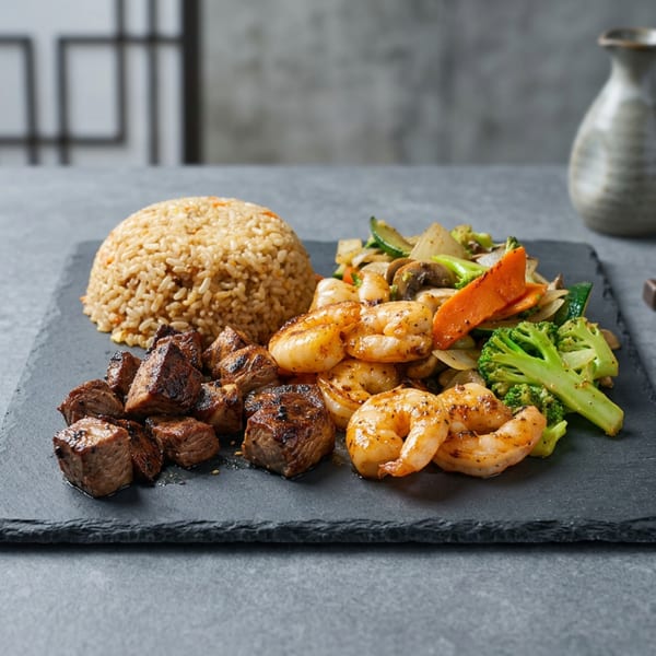Hibachi steak and shrimp with fried rice and mixed vegetables on a black slate plate.