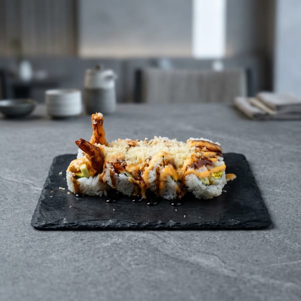 Shrimp tempura sushi rolls with sauce and crunchy topping on a black slate board.