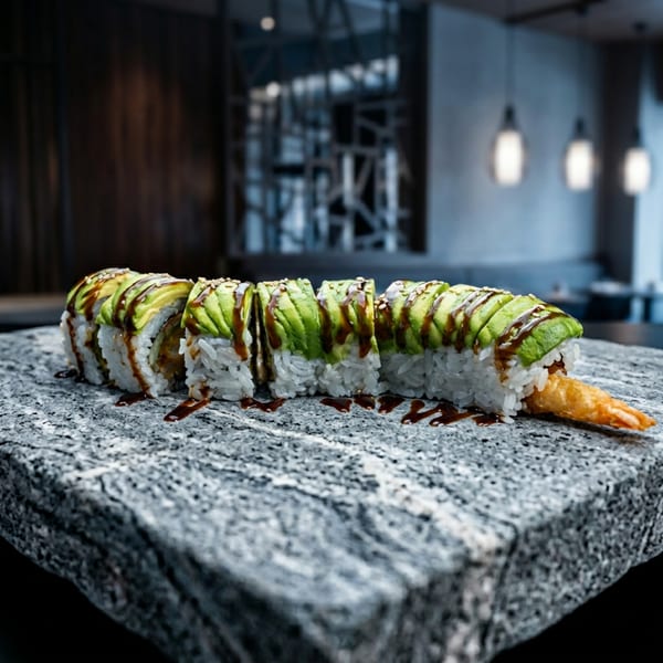 Dragon roll sushi with avocado, eel sauce, and tempura shrimp on a stone slab.
