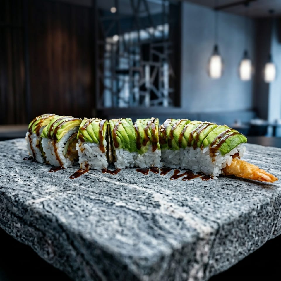 Dragon roll sushi with avocado, eel sauce, and tempura shrimp on a stone slab.