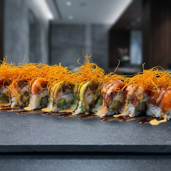 Sushi rolls topped with orange crispy strands and drizzled with sauces on a dark platter.
