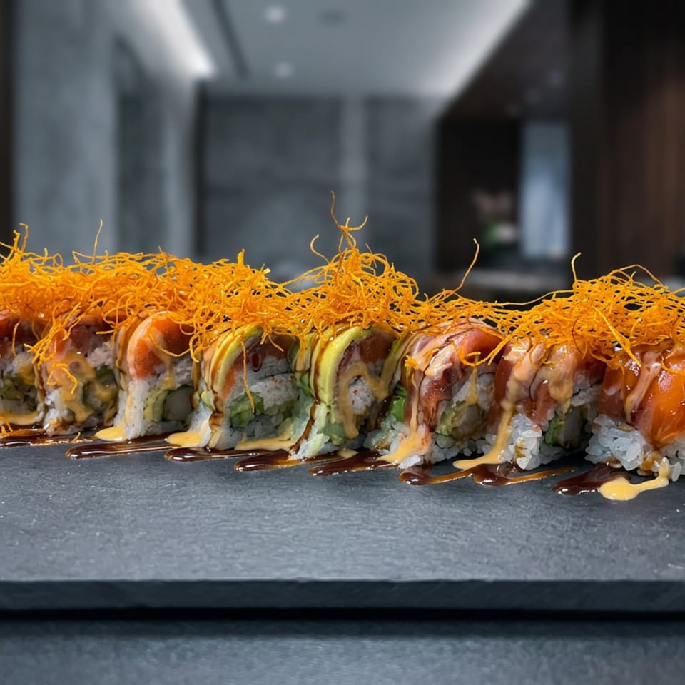 Sushi rolls topped with orange crispy strands and drizzled with sauces on a dark platter.