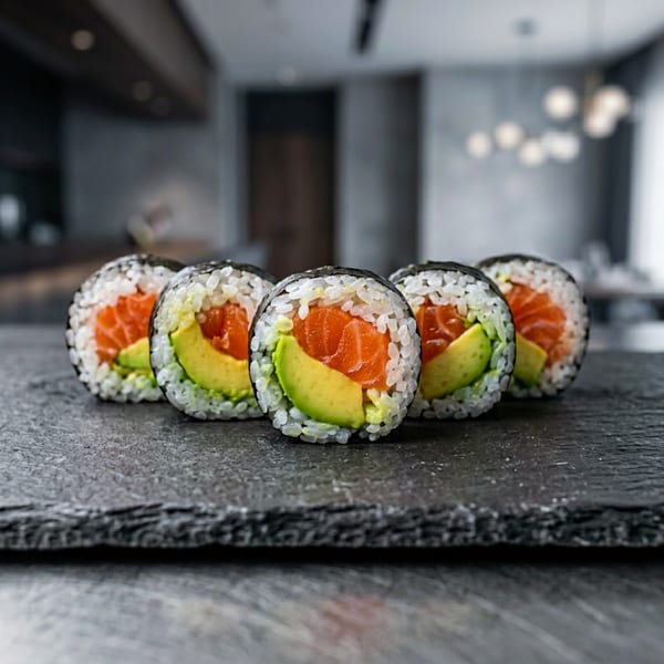 Five salmon and avocado sushi rolls on a dark slate board, with a blurred restaurant interior in the background.