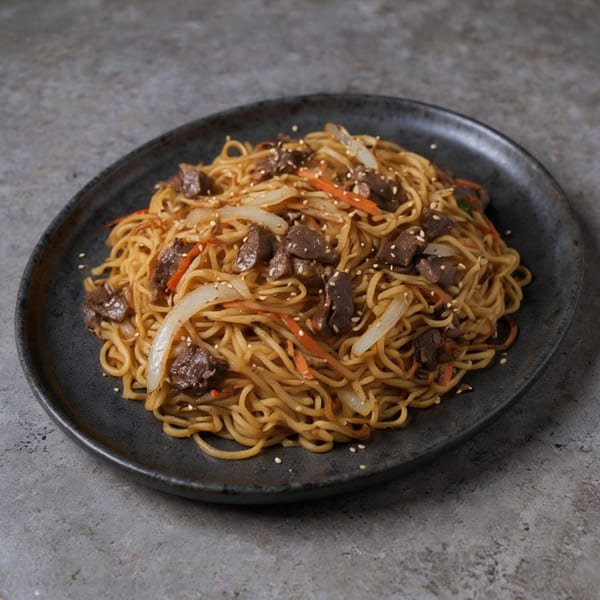 A dark plate filled with beef lo mein, featuring noodles, beef, onions, carrots, and sesame seeds.