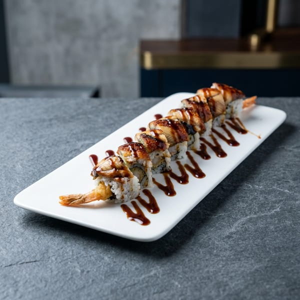 Dragon roll sushi with eel and shrimp tempura, drizzled with sauce on a white plate.