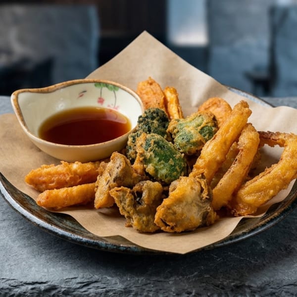 A plate of golden-fried tempura vegetables, including broccoli, mushrooms, and onion rings, with a side of dipping sauce.