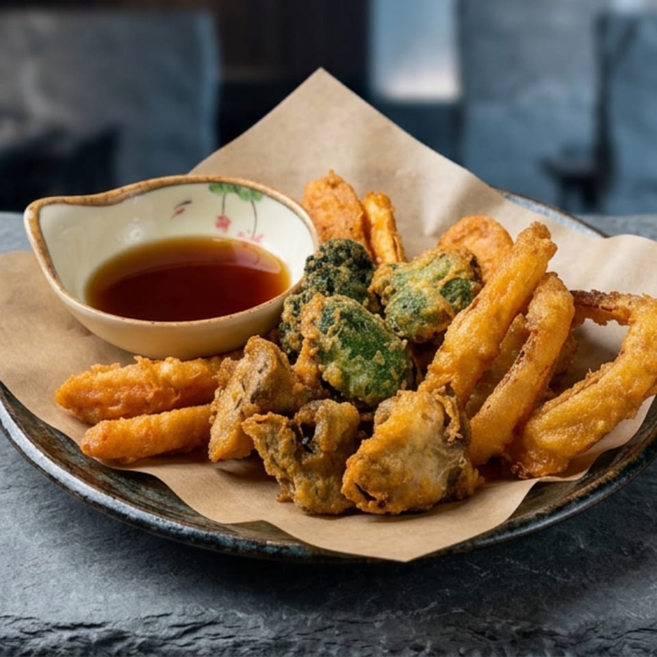 A plate of golden-fried tempura vegetables, including broccoli, mushrooms, and onion rings, with a side of dipping sauce.