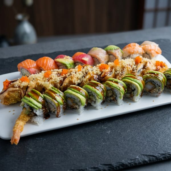 A white platter holds various colorful sushi rolls, including salmon, avocado, and shrimp tempura.