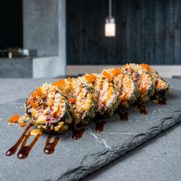 Deep-fried sushi rolls with orange roe and sauces on a dark gray slate board.