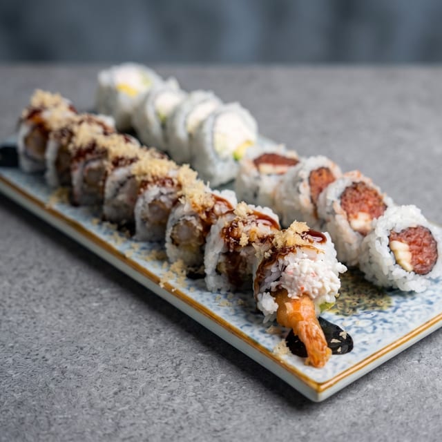 Shrimp tempura (16) / California (8) / Spicy Tuna (8).