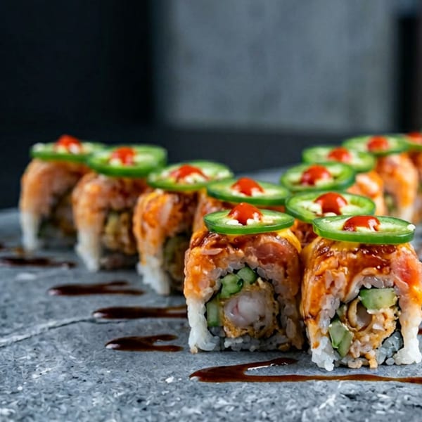 Spicy sushi rolls with shrimp tempura, avocado, and jalapeño slices on a dark plate.