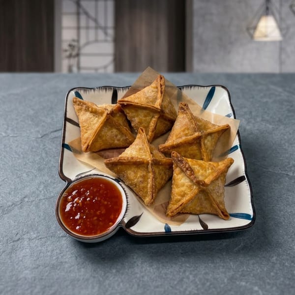 Six golden-brown fried wontons with a side of sweet chili sauce on a decorative plate.