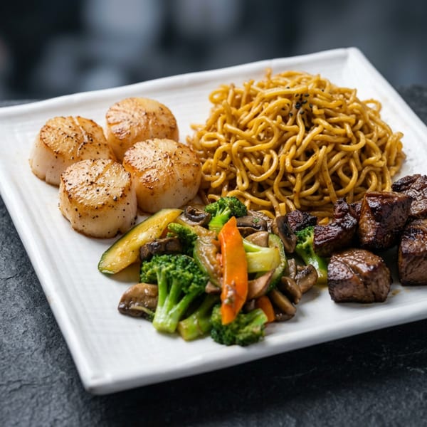 A white rectangular plate with scallops, noodles, mixed vegetables, and steak bites.