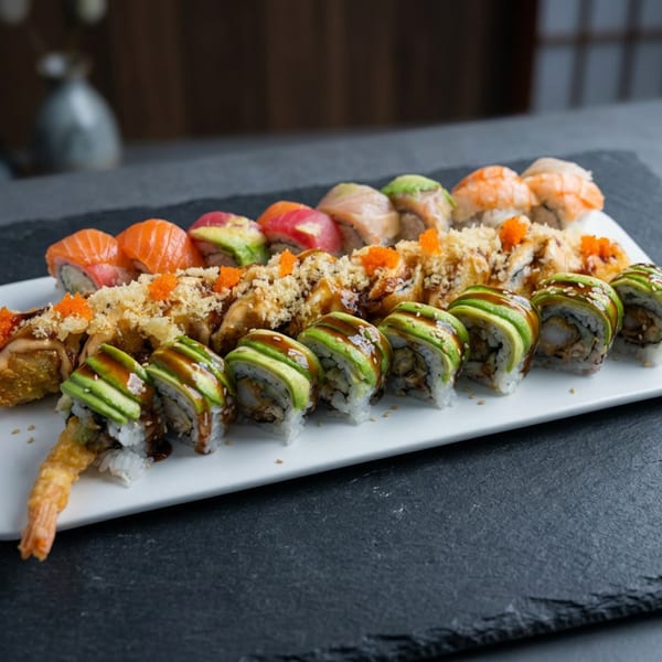 A white rectangular plate filled with various colorful sushi rolls on a dark slate surface.