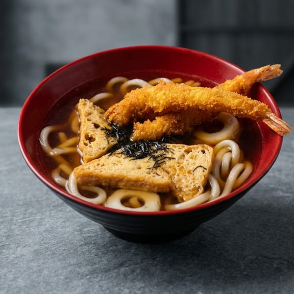 Udon noodle soup with fried shrimp tempura, tofu, and seaweed in a red and black bowl.