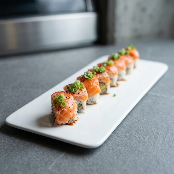 A row of salmon sushi rolls topped with green onions and black sesame seeds on a white plate.