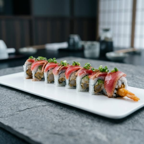 A row of sushi rolls with tuna, green onions, and tempura shrimp on a white plate.