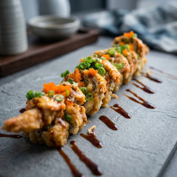 Crispy fried sushi rolls topped with orange roe and green onions, drizzled with sauce.