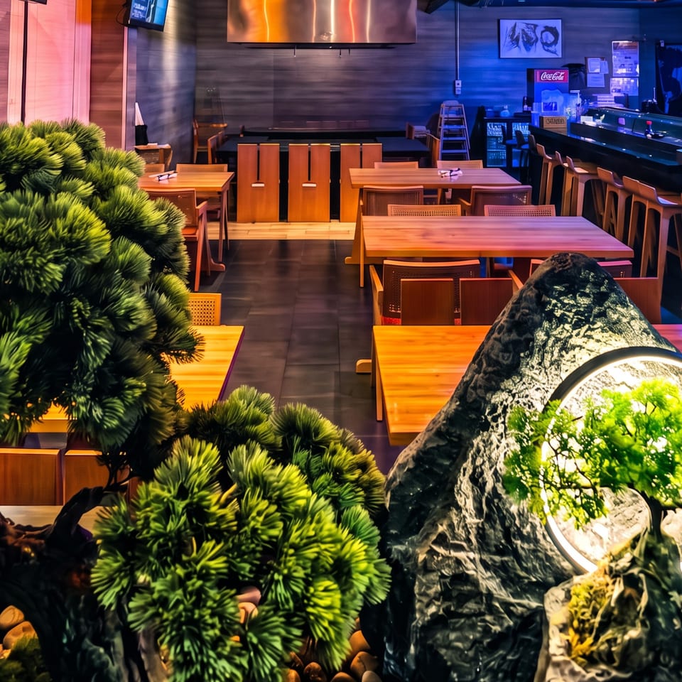 Dimly lit restaurant interior with wooden tables, a sushi bar, and green decorative plants.