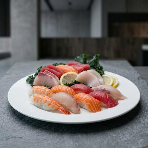 A white plate holds a colorful assortment of sushi and sashimi, garnished with lemon slices and kale.