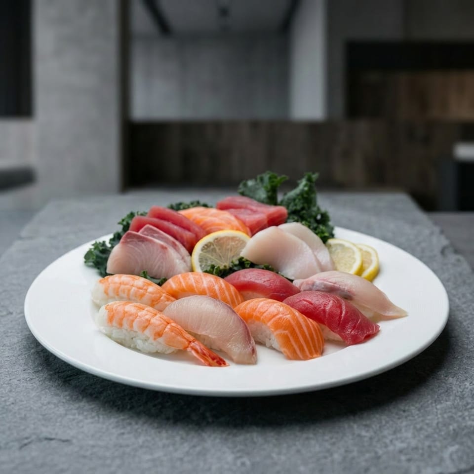 A white plate holds a colorful assortment of sushi and sashimi, garnished with lemon slices and kale.