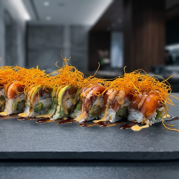 A row of sushi rolls topped with salmon, avocado, sauces, and crispy orange threads on a dark platter.