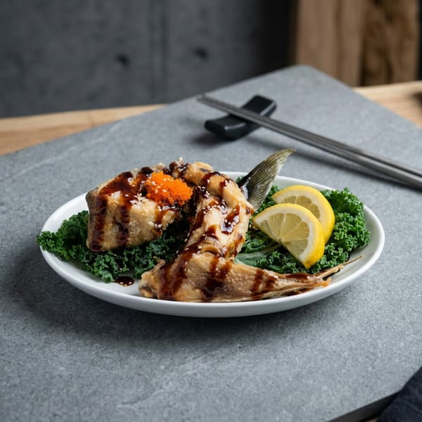 Crispy fried fish with sauce, roe, sesame seeds, and lemon slices on a bed of kale.