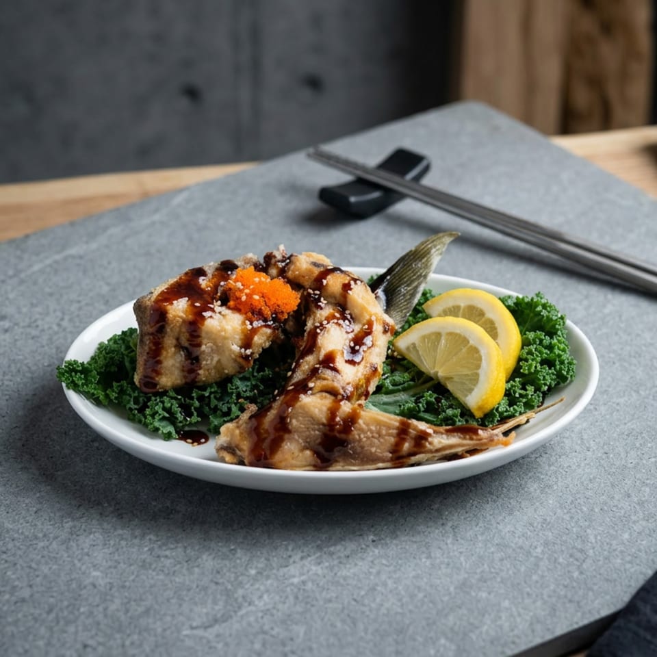 Crispy fried fish with sauce, roe, sesame seeds, and lemon slices on a bed of kale.