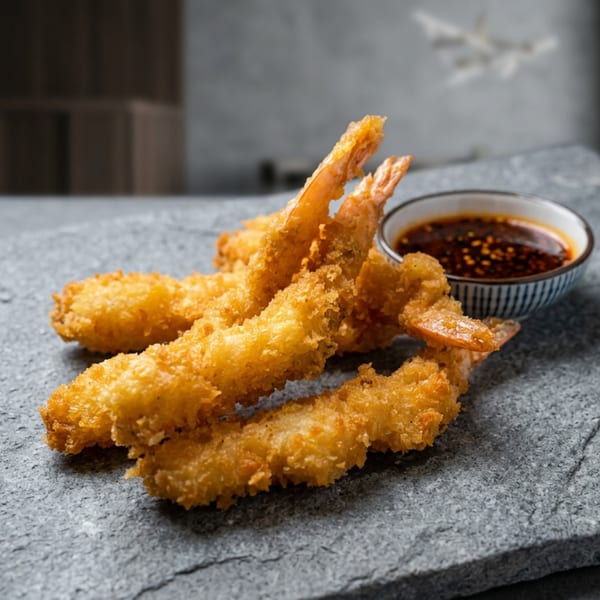 Golden-brown fried shrimp tempura with a side of spicy dipping sauce on a dark stone surface.