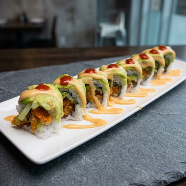 A row of sushi rolls with avocado, orange sauce, and red dots on a white plate.