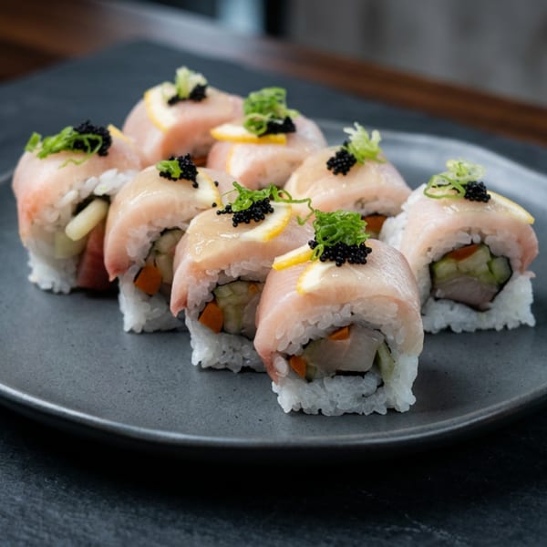Sushi rolls with white fish, black caviar, lemon slices, and green onions on a dark plate.