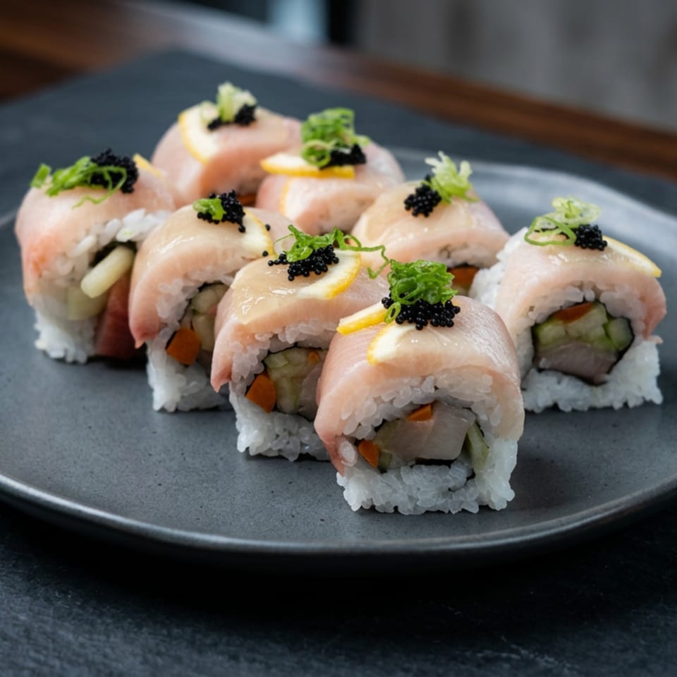Sushi rolls with white fish, black caviar, lemon slices, and green onions on a dark plate.