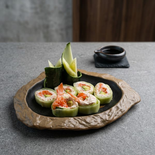 Cucumber sushi rolls with shrimp, salmon, avocado, and cream cheese on a rustic plate.