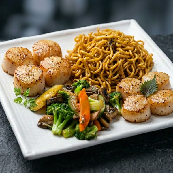 Seared scallops, lo mein noodles, and mixed vegetables with broccoli, carrots, and mushrooms on a white plate.
