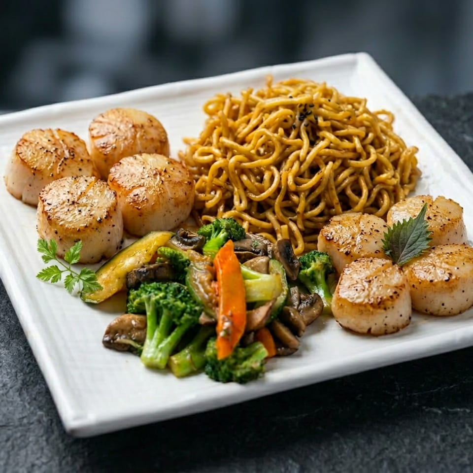 Seared scallops, lo mein noodles, and mixed vegetables with broccoli, carrots, and mushrooms on a white plate.